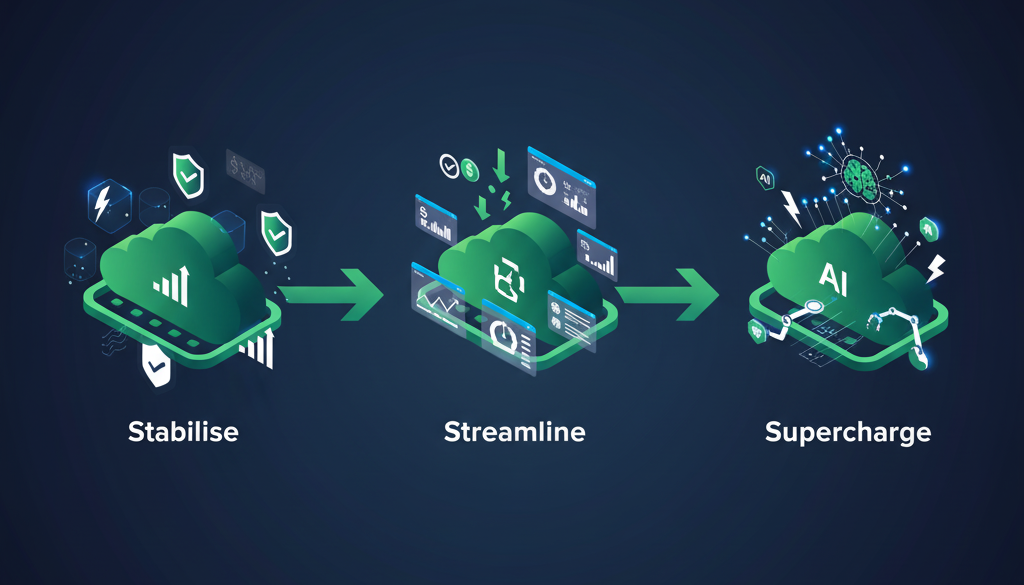 Torque Flow Overview - Complete operations journey showing Stabilise, Streamline, and Supercharge phases