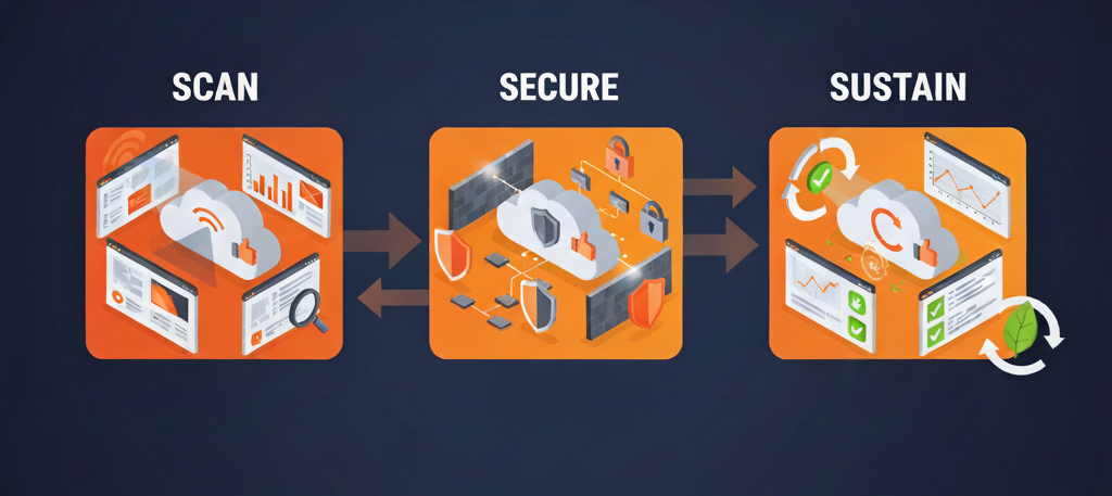 Torque Secure Overview - Complete security journey showing Scan, Secure, and Sustain phases